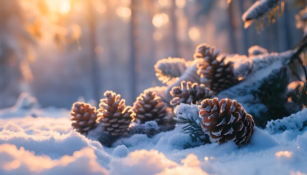 Close-up of glowing frost-covered pinecones resting on a snow-dusted forest floor, cinematic winter serenity