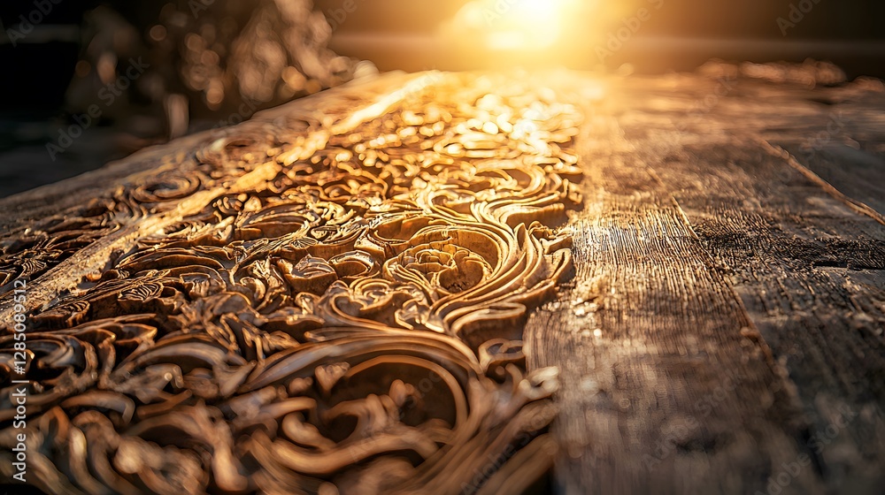 Poster macro shot of glowing intricate patterns carved into a traditional artifact, illuminated by warm amb