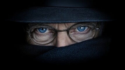 Mysterious Man with Piercing Blue Eyes in Dark Clothing and Hat