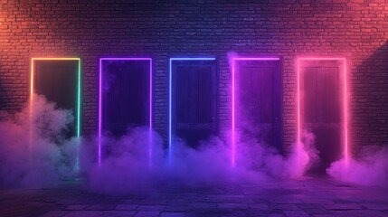 Glowing doors, brick wall, smoke, choices, mystery, background