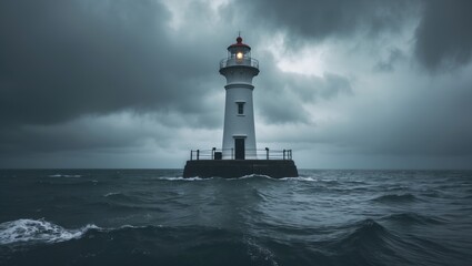 Obraz premium A lighthouse rises from the ocean under a cloudy sky.