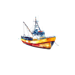 Fototapeta premium Colorful fishing boats on a white background, painted in watercolor. 