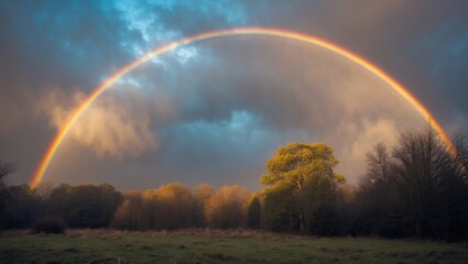 Naklejka premium Colorful rainbow spanning the sky over a serene forest landscape