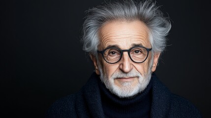 Obraz premium Elderly Man with Gray Hair and Glasses Against Dark Background