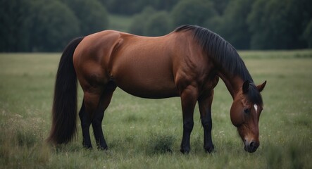 Obraz premium image of a chestnut horse feeding in a field