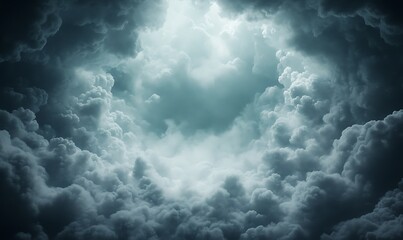 Fototapeta premium Dramatic clouds gathering with a bright light peeking through a dark sky.