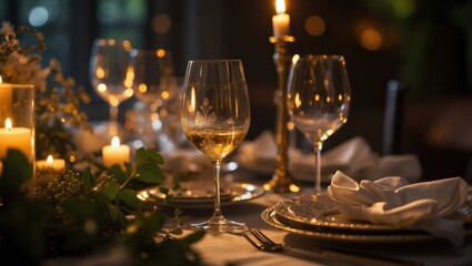 a detailed view of a dining table set with candles, wine glasses, and dishes for an evening gathering