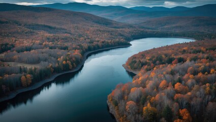 Aerial view of the Waterbury Reservoir in Vermont's Waterbury during autumn.