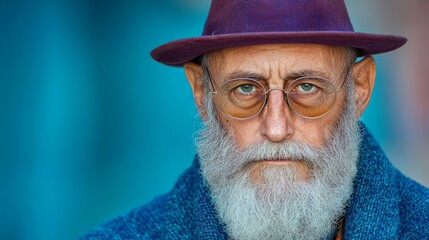 Elderly man with glasses and purple hat staring intensely at camera