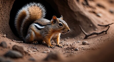 Ground squirrel by its burrow in the Kalahari Desert, Botswana.