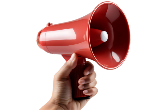 Hand holding megaphone isolated on transparent background
