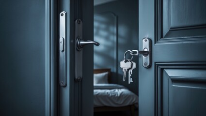 Unlocking a door with a silver keyring in a dimly lit room backdrop, suggesting the concept of home ownership.