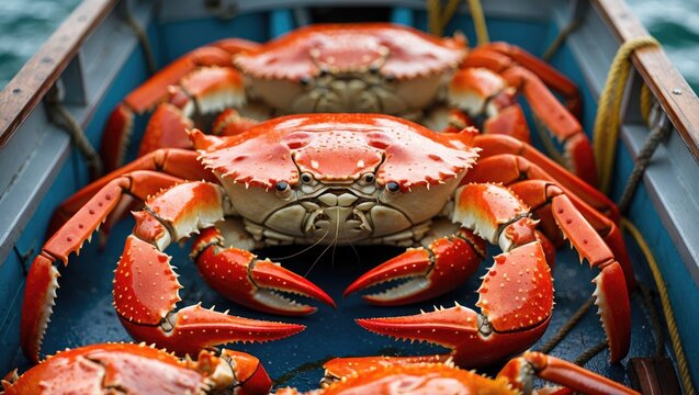 Zoomed-in view of freshly caught red king crabs on a fishing vessel.