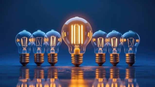 Energy-efficient bulb showcasing uniqueness, one illuminated compact fluorescent light contrasting with unlit incandescent bulbs on a blue backdrop, symbolizing individuality and diversity.