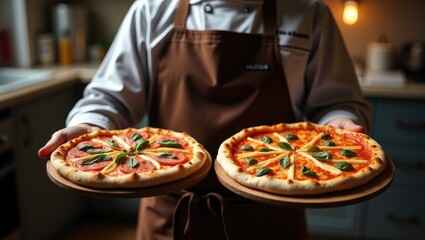 Chef showcasing two varieties of freshly made pizza.