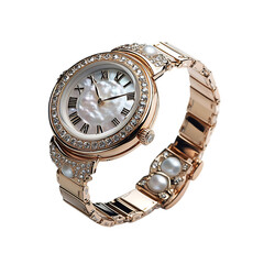 A Ladies Bracelet Watch with Pearls and Diamonds Isolated on Transparent Background