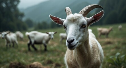 Fototapeta premium goat enjoys a tumble in a lush meadow
