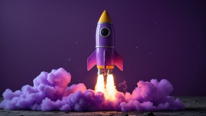 Vibrant purple spacecraft launch idea for a new venture. Business-related space illustration featuring a cartoon-style rocket lifting off against a lavender backdrop. SEO techniques and optimizatio...