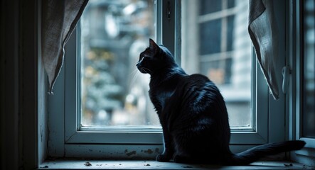 dark feline perched on a windowsill gazing outside with a blurred backdrop.