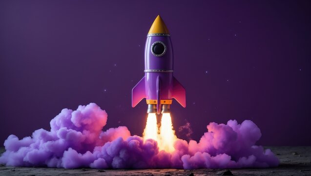 Vibrant purple spacecraft launch idea for a new venture. Business-related space illustration featuring a cartoon-style rocket lifting off against a lavender backdrop. SEO techniques and optimizatio...