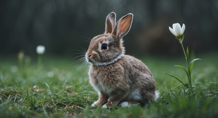 Fototapeta premium Charming fluffy young rabbit perched on green grass with a natural backdrop. Adorable wild animal in springtime outdoors. Cute fur bunny on the meadow, embodying the spirit of Easter pets.
