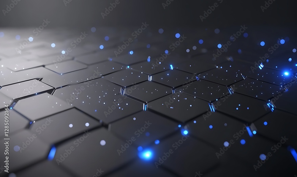 Poster a futuristic, abstract surface with glowing blue particles on black hexagonal tiles.