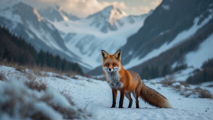 Alpine winter landscape featuring a wild red fox