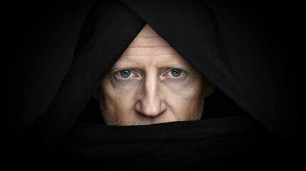 Intense Gaze of a Man Wrapped in a Dark Hooded Cloak