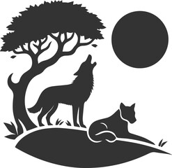 A wolf howling at a panther resting in a tree animal vector silhouette