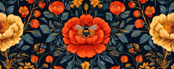 Buzzing bees on vibrant flowers nature garden digital artwork colorful environment close-up view floral concept