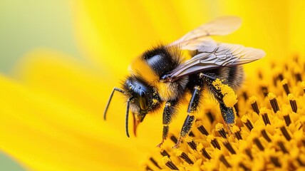 Bee pollinating flower nature garden macro photography vibrant yellow background close-up perspective pollination concept