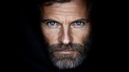Obraz premium Intense Portrait of Mature Man with Blue Eyes and Beard in Darkness