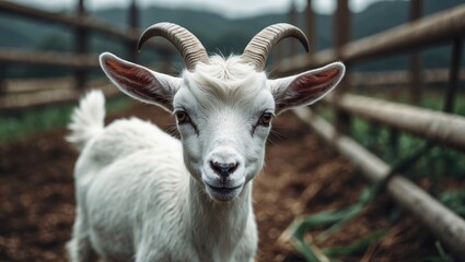 Obraz premium Adorable farm goat with a white coat