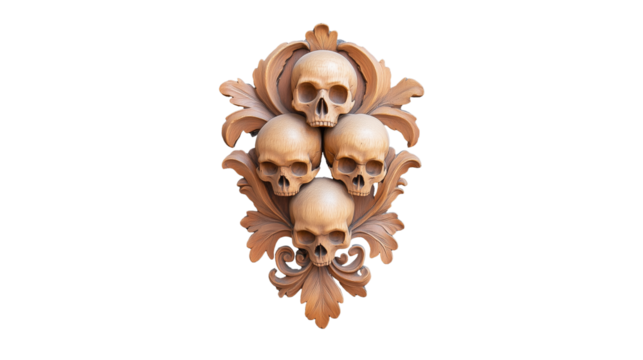 Ornate wooden skull decoration design with transparent background