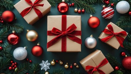 Festively wrapped Christmas presents surrounded by ornaments - aerial perspective flat lay