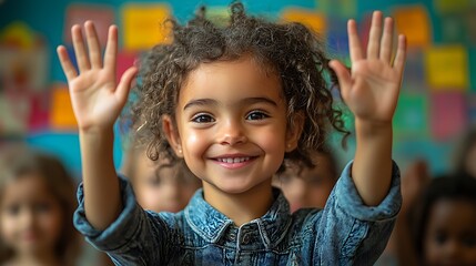 Children in a classroom raise their hands eagerly to answer questions, their participation and enthusiasm highlighting a supportive learning environment.