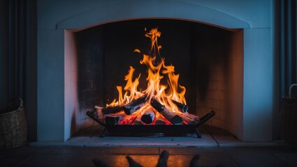 Flames crackle in a hearth, warmth from the fire.