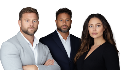 Professional group portrait of three individuals with transparent background
