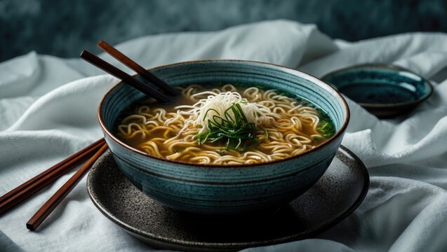 Bowl of ramen soup on a clean white background.