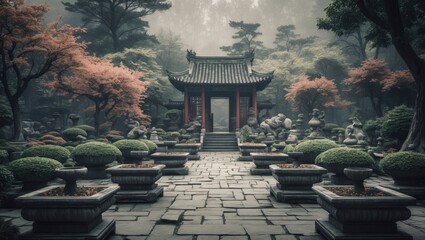 Obraz premium Seamless vintage ornamental garden design for wallpaper featuring traditional Chinese floral elements. Vector illustration of a serene forest scene.