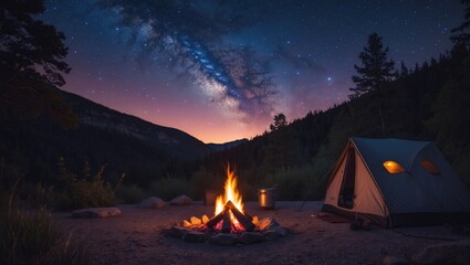Summer adventure in nature. A warm campfire at twilight casting light and warmth, inviting moments of connection and a starlit sky. Photo composite.