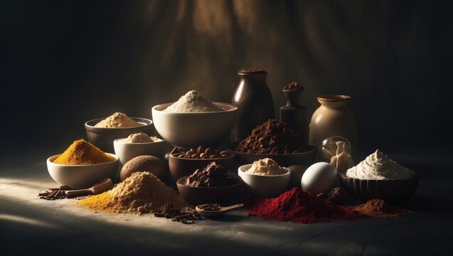 Ingredients for baking showcased in a dimly lit setting