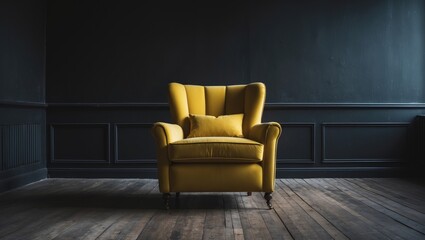 A vibrant yellow armchair is positioned in a room with a bare black wall as its backdrop.