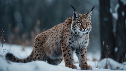 Fototapeta premium A large lynx watches intently in a snowy winter landscape.
