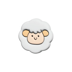 A charming and fluffy button-style illustration of a smiling sheep with a soft, rounded design.