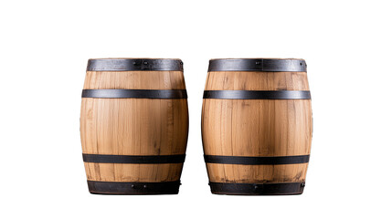 Wooden barrels with black bands on transparent background