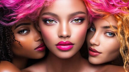 Obraz premium Vibrant Beauty: A Portrait of Three Women with Colorful Hair