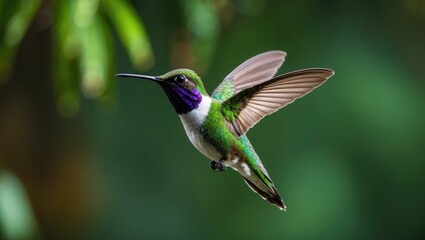 Fototapeta premium Flying Green Violet-ear Hummingbird (Colibri thalassinus) against a lush green backdrop in Costa Rica