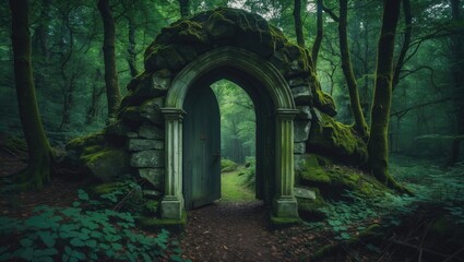 neglected gateway in an enchanting emerald forest featuring a stone arch covered in moss. magical passage to another realm. Journeying Image of sorcerers
