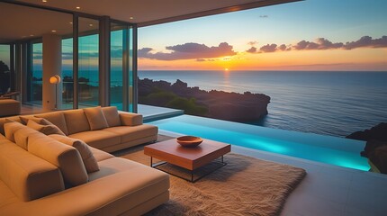 Fototapeta premium Luxurious modern living room with floor-to-ceiling glass windows overlooking an infinity pool and ocean at sunset, featuring elegant furniture, warm lighting, and breathtaking views
